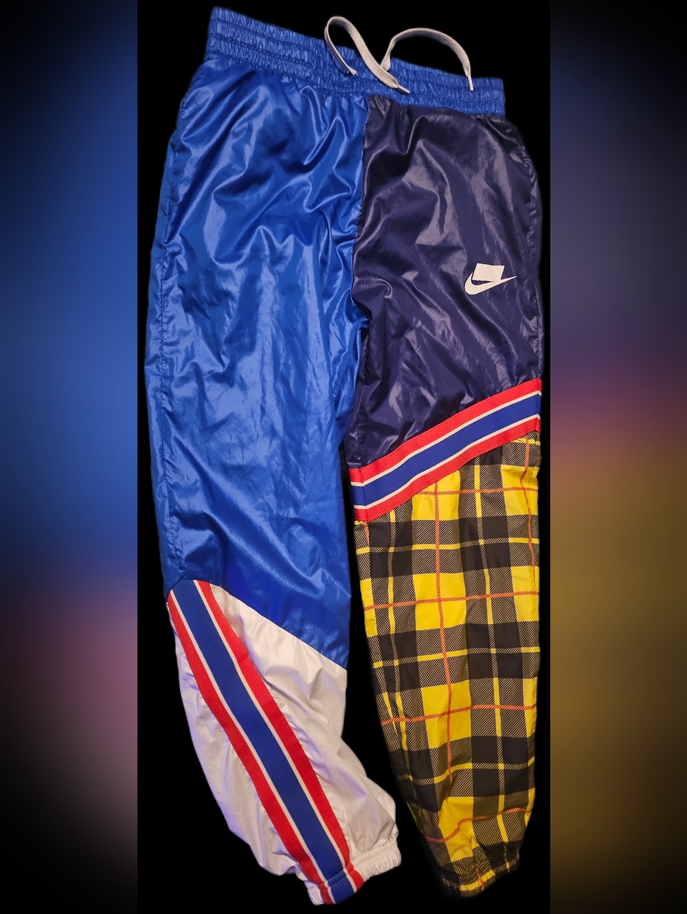 Nike Colorblock Plaid Windbreaker Track Pants - Blue, Navy, Yellow Size Small